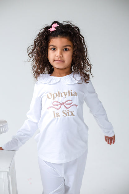 Embroidered personalised birthday bow pyjamas