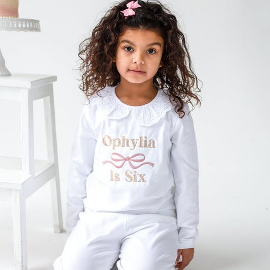 Embroidered personalised birthday bow pyjamas