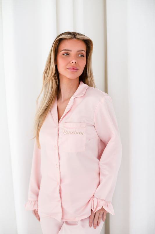 Ladies'  embroidered personalised pocket satin pyjamas