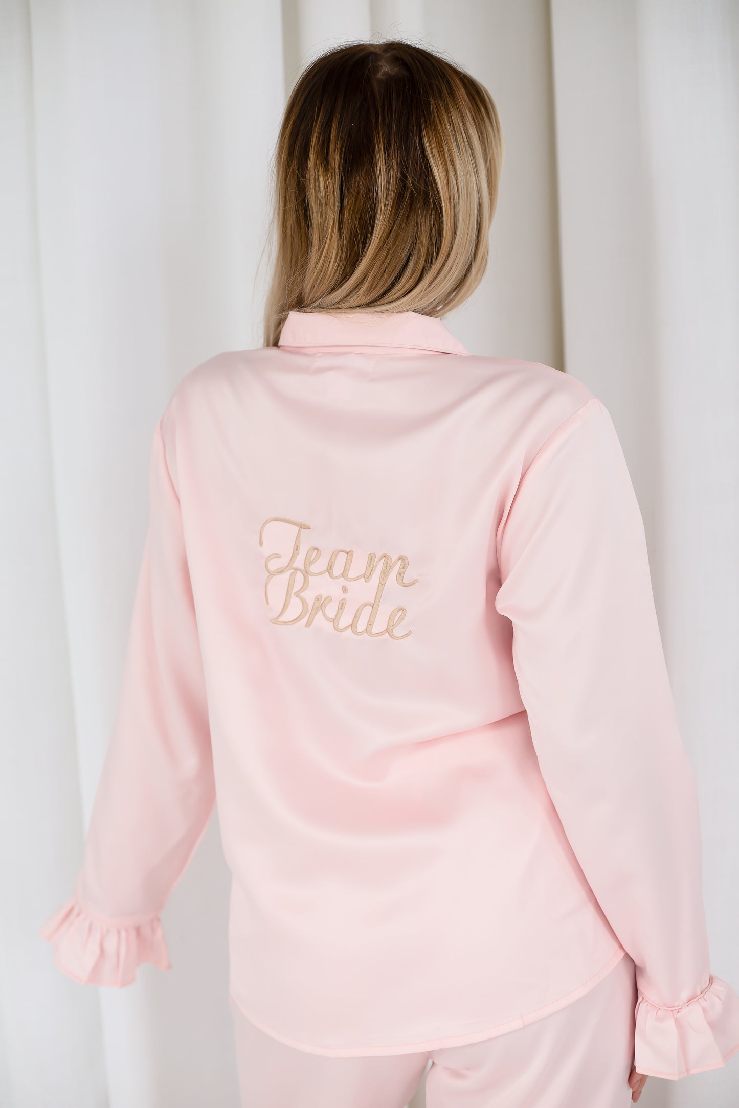 Embroidered 'Team Bride' matt satin button through pyjamas