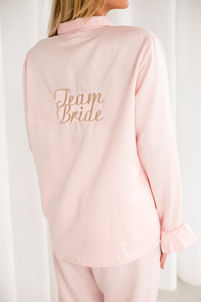 Embroidered 'Team Bride' matt satin button through pyjamas