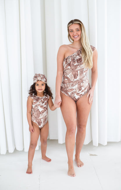 Girls jungle print swimsuit with matching turban