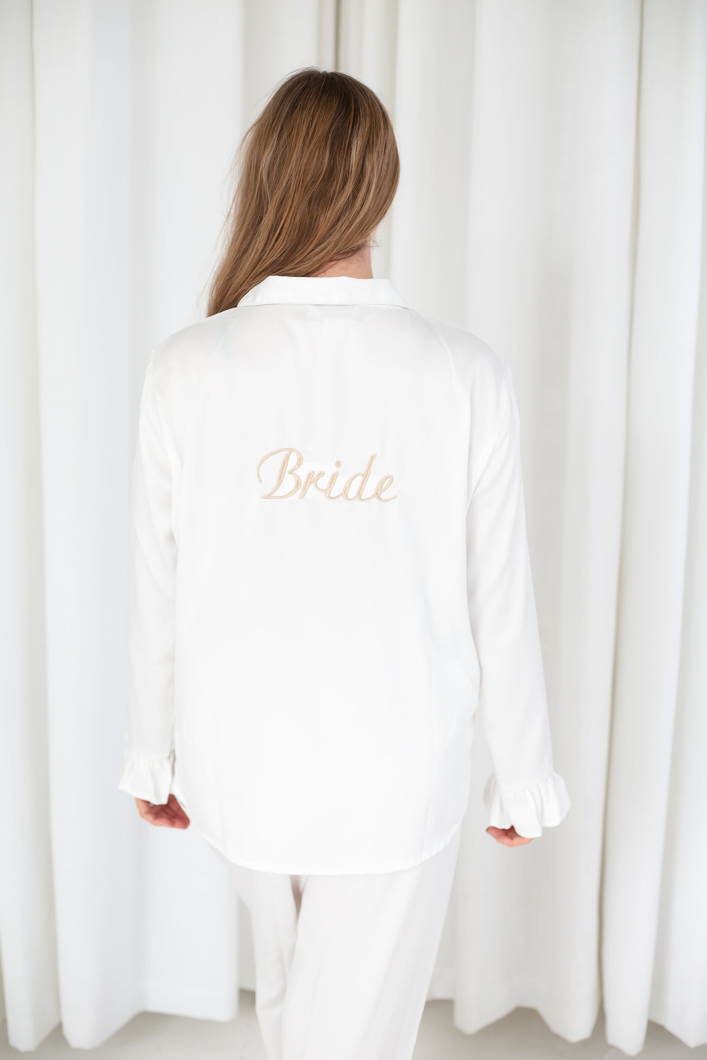 Embroidered 'Bride' matt satin button through pyjamas