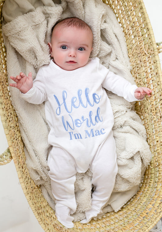 Signature 'Hello World' personalised embroidered babygro