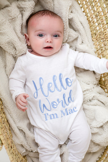 Signature 'Hello World' personalised embroidered babygro