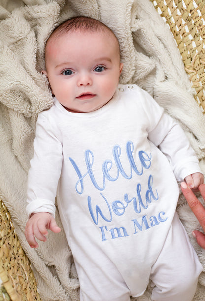 Signature 'Hello World' personalised embroidered babygro