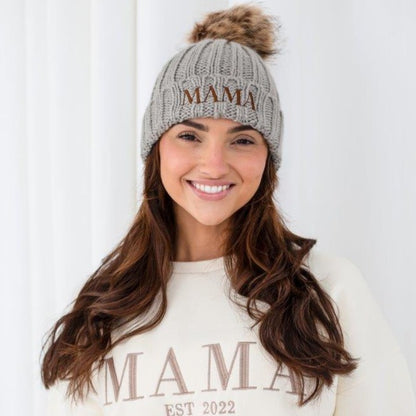 AW Ladies 'MAMA' embroidered faux fur pom pom hat