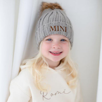 AW MINI embroidered faux fur pom pom hat