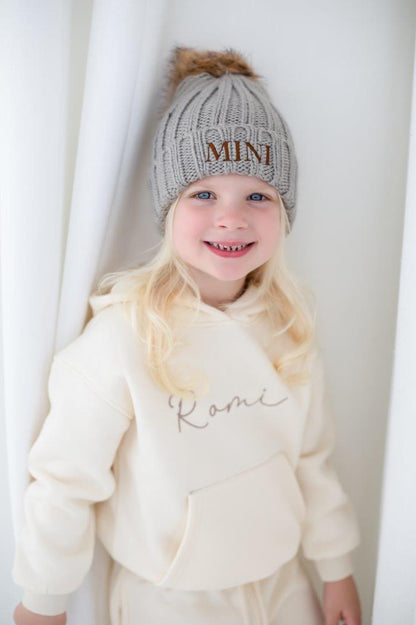 AW Personalised name embroidered faux fur pom pom hat