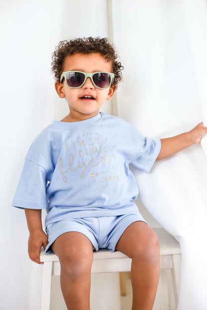 'First Time Flyer' personalised name embroidered t shirt and short set