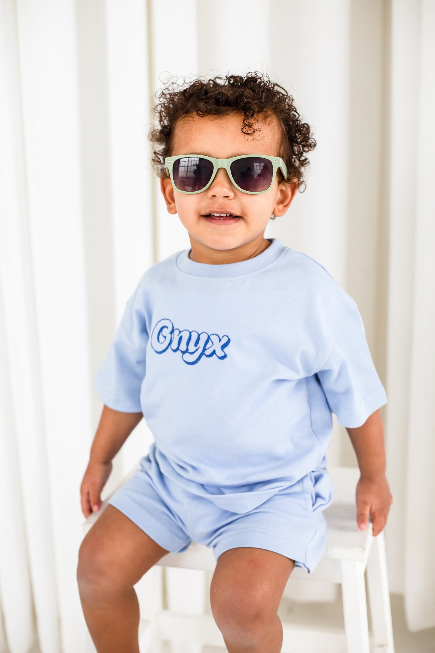 Summer bubble font personalised name embroidered t shirt and short set