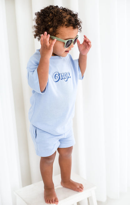 Summer bubble font personalised name embroidered t shirt and short set