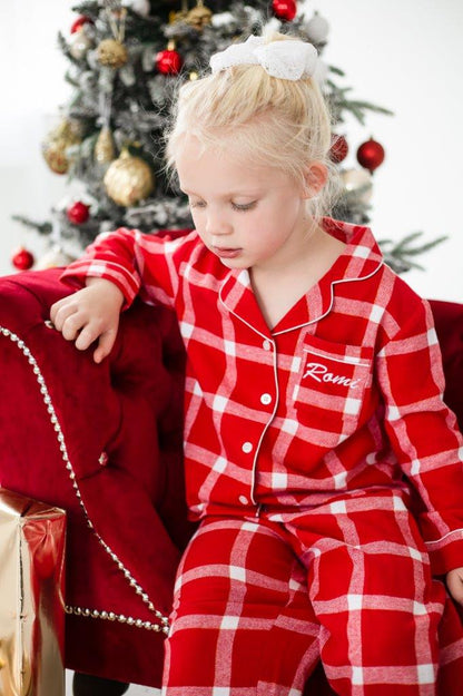 Family Christmas personalised embroidered woven red check pyjamas