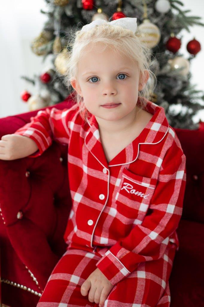 Family Christmas personalised embroidered woven red check pyjamas