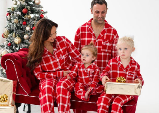 Family Christmas personalised embroidered woven red check pyjamas