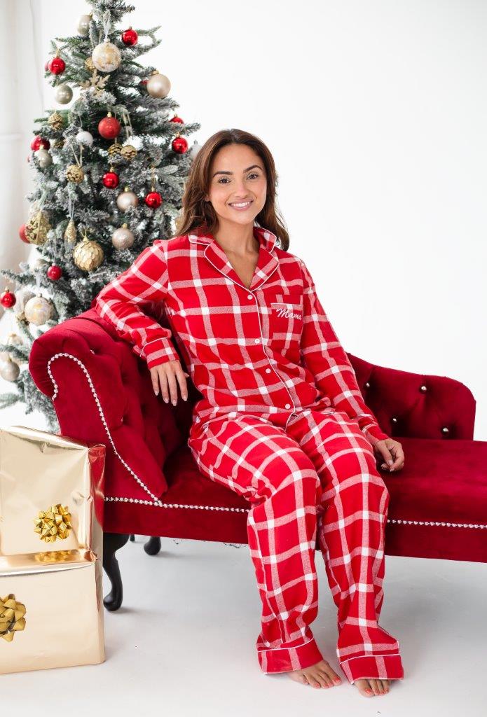 Family Christmas personalised embroidered woven red check pyjamas