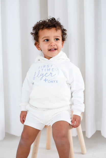 'First time Flyer' personalised embroidered hoodie and short tracksuit