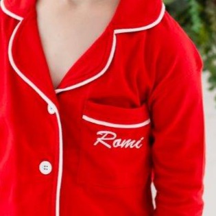 Family Christmas red contrast piping personalised embroidered pyjamas