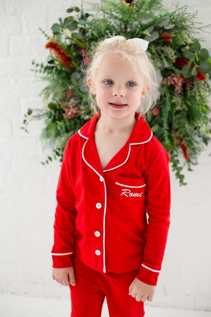 Family Christmas red contrast piping personalised embroidered pyjamas