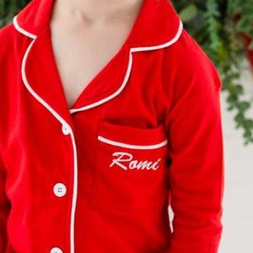 Family Christmas green contrast piping personalised embroidered pyjamas