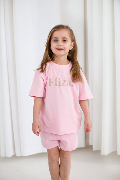 Personalised embroidered bold name t shirt and short set