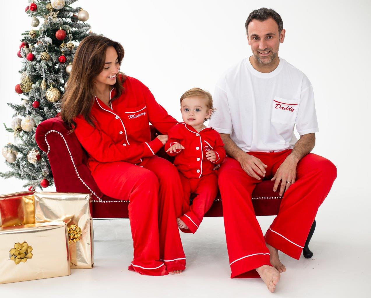 Family Christmas red contrast piping personalised embroidered pyjamas