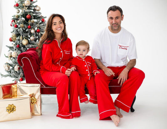 Family Christmas red contrast piping personalised embroidered pyjamas