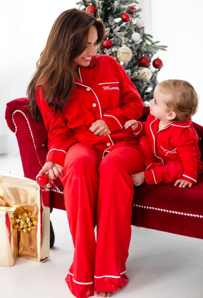 Family Christmas red contrast piping personalised embroidered pyjamas