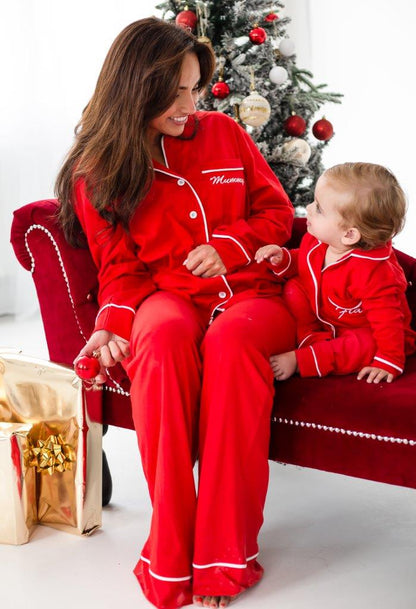 Family Christmas red contrast piping personalised embroidered pyjamas