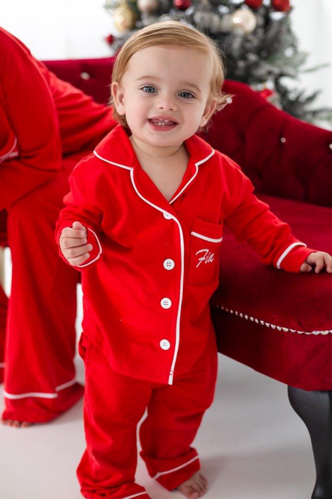 Family Christmas red contrast piping personalised embroidered pyjamas