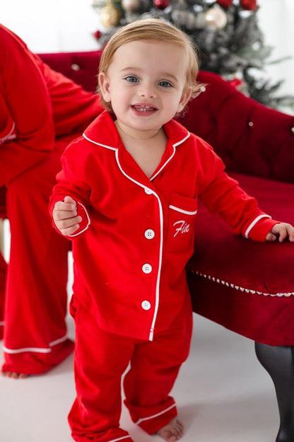 Family Christmas red contrast piping personalised embroidered pyjamas