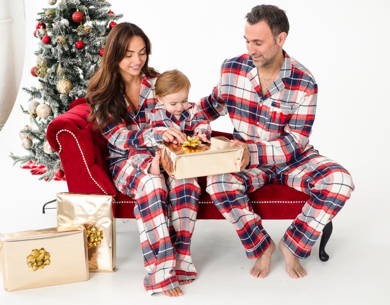 Family Christmas personalised embroidered cream woven check pyjamas