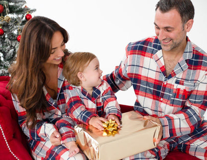 Family Christmas personalised embroidered cream woven check pyjamas