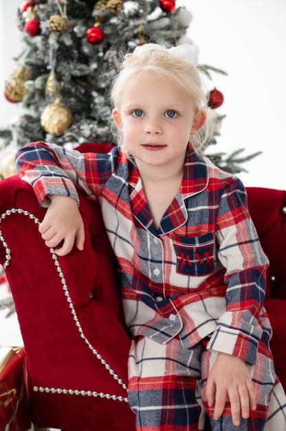 Family Christmas personalised embroidered cream woven check pyjamas