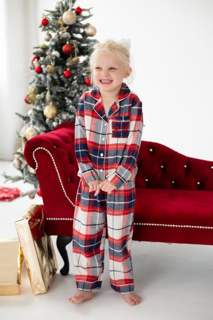 Family Christmas personalised embroidered cream woven check pyjamas