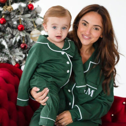 Family Christmas green contrast piping personalised embroidered pyjamas