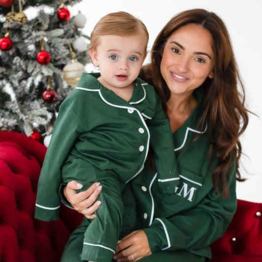 Family Christmas green contrast piping personalised embroidered pyjamas