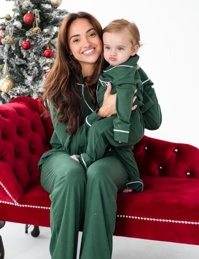 Family Christmas green contrast piping personalised embroidered pyjamas