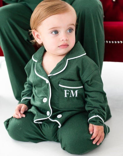 Family Christmas green contrast piping personalised embroidered pyjamas
