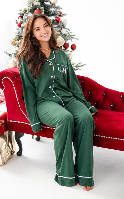 Family Christmas green contrast piping personalised embroidered pyjamas