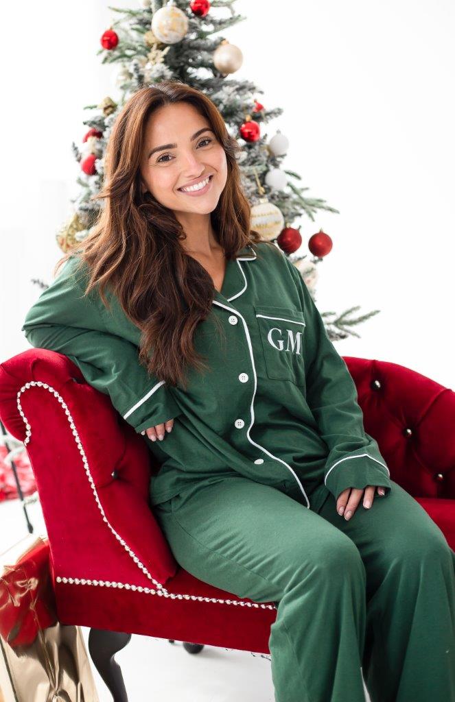 Family Christmas green contrast piping personalised embroidered pyjamas