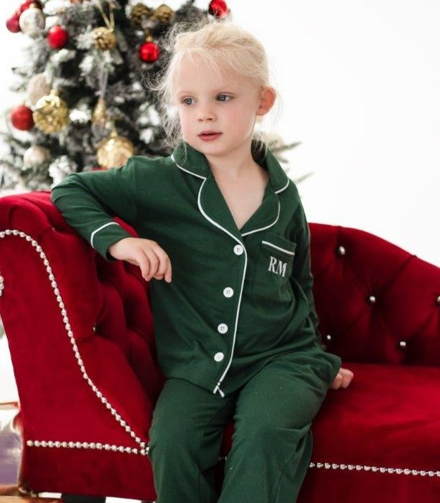 Family Christmas green contrast piping personalised embroidered pyjamas