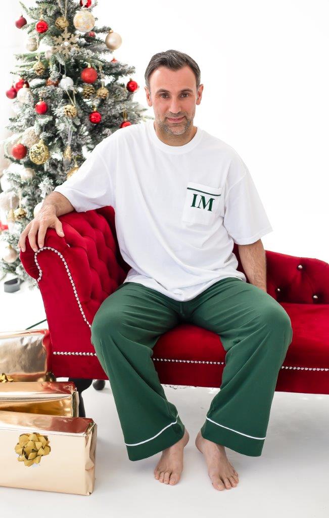 Family Christmas green contrast piping personalised embroidered pyjamas