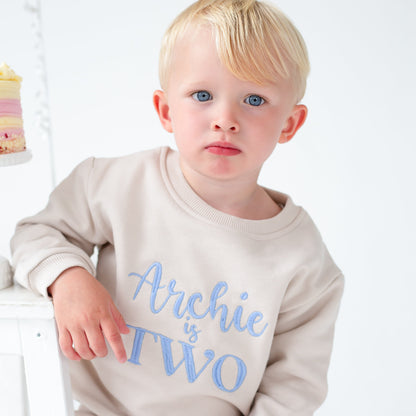 Signature personalised 'Is Two' second birthday embroidered sweatshirt