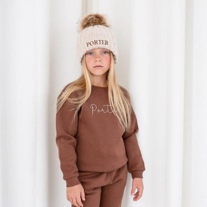 AW Personalised name embroidered faux fur pom pom hat