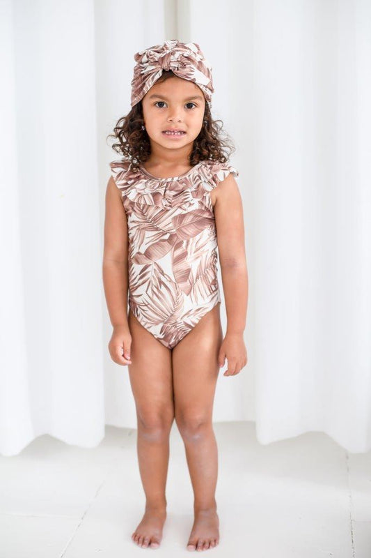 Girls jungle print swimsuit with matching turban