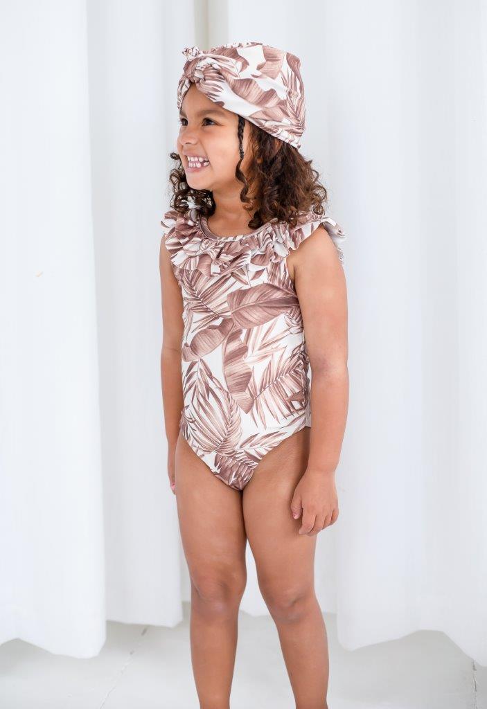 Girls jungle print swimsuit with matching turban