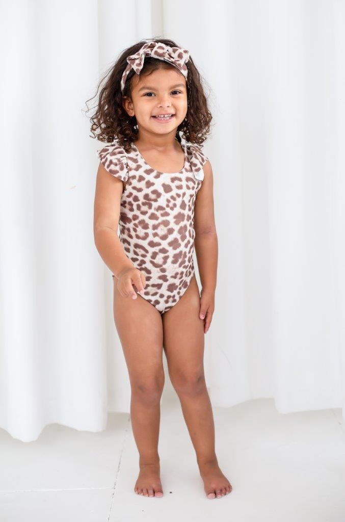 Girls ruffle back leopard swimsuit with matching bow headband