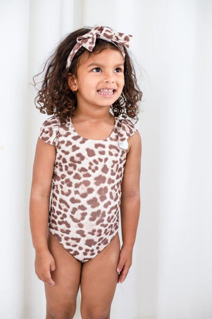 Girls ruffle back leopard swimsuit with matching bow headband