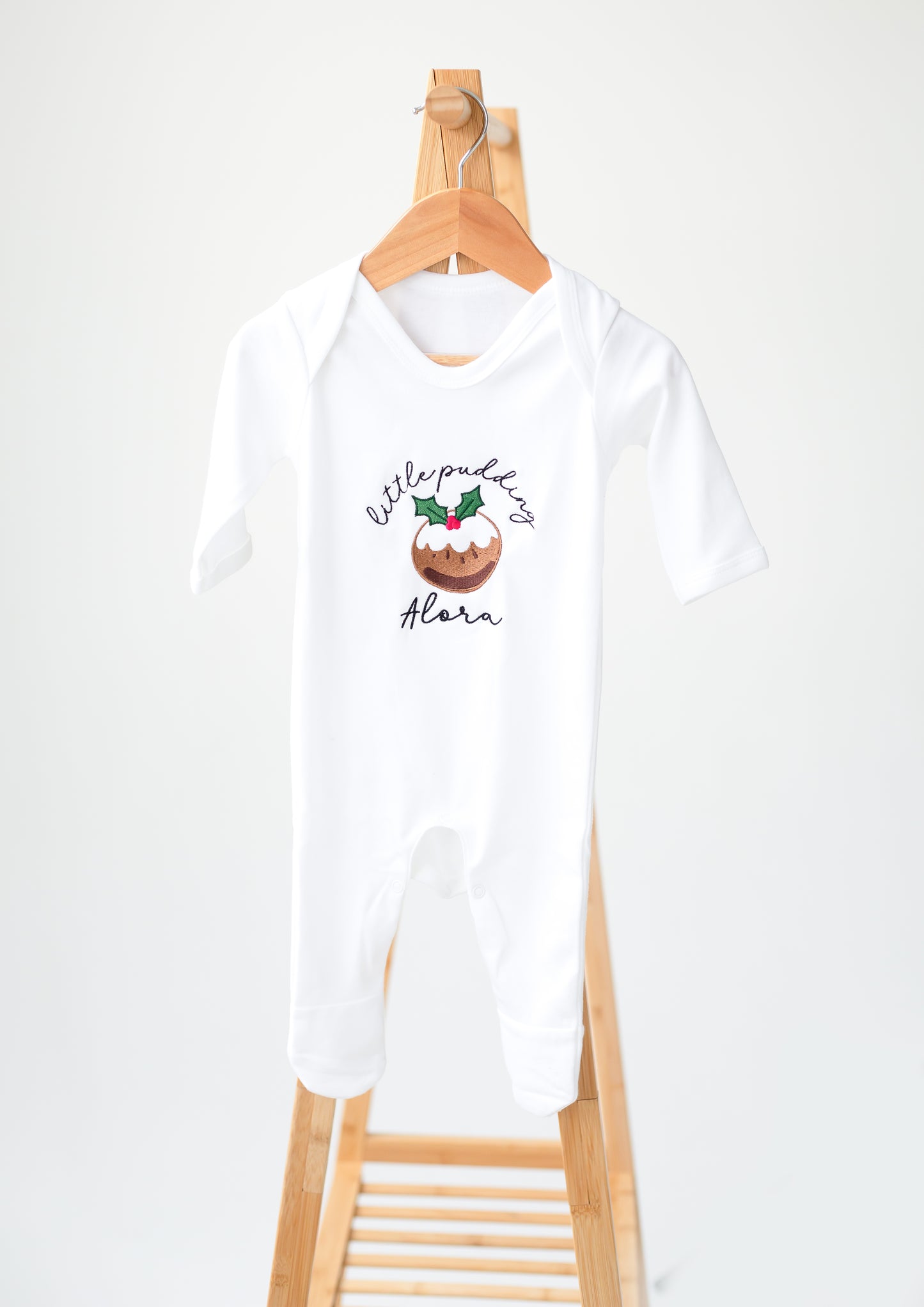 'Little pudding' embroidered and personalised Christmas babygro